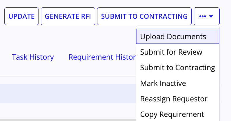 Upload Documents menu option in requirement summary ellipsis menu.