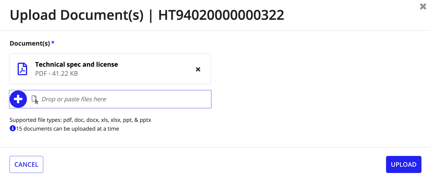 Upload Documents wizard showing file selection.