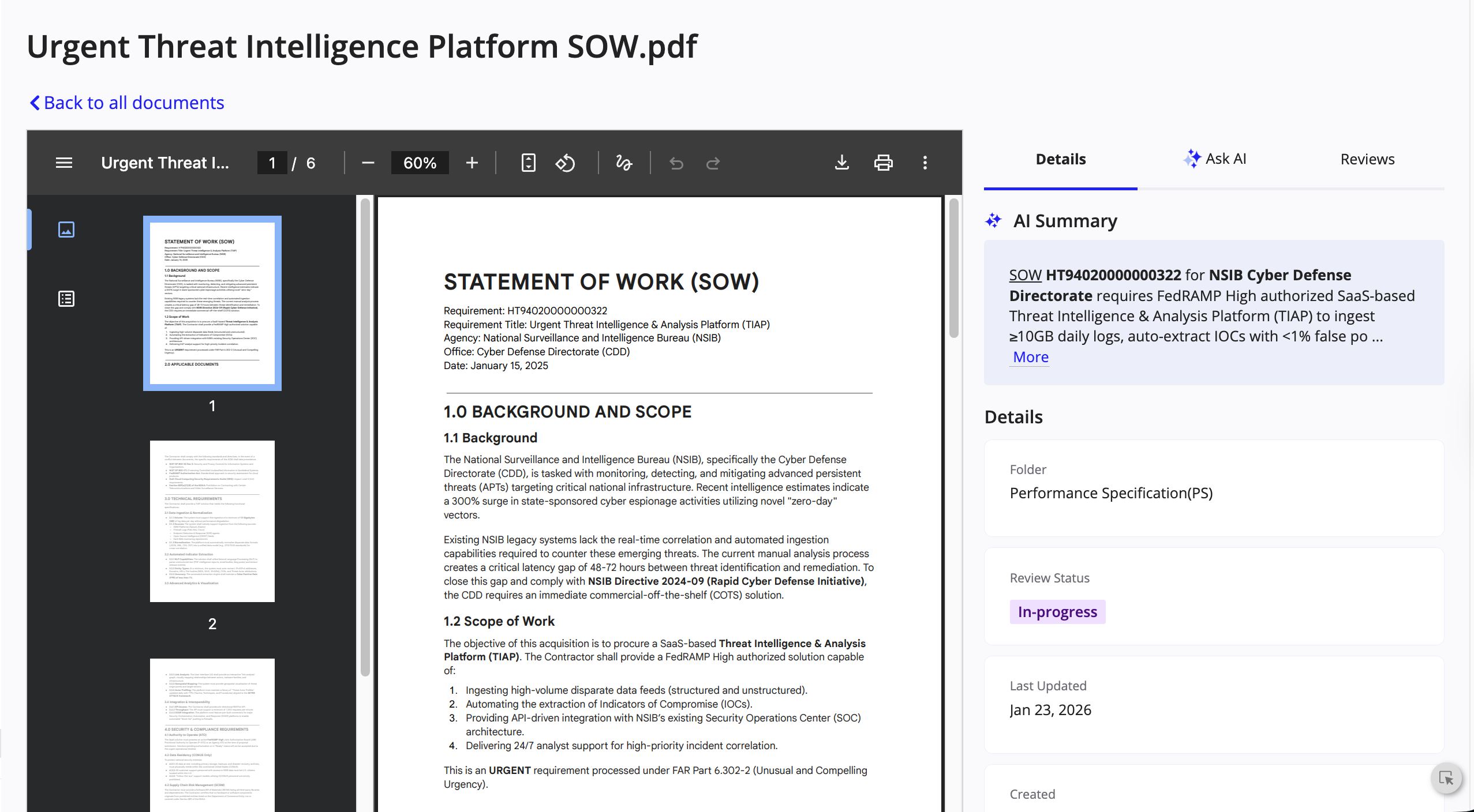 Document summary showing Details, Ask AI, and Reviews tabs with AI-generated summary.