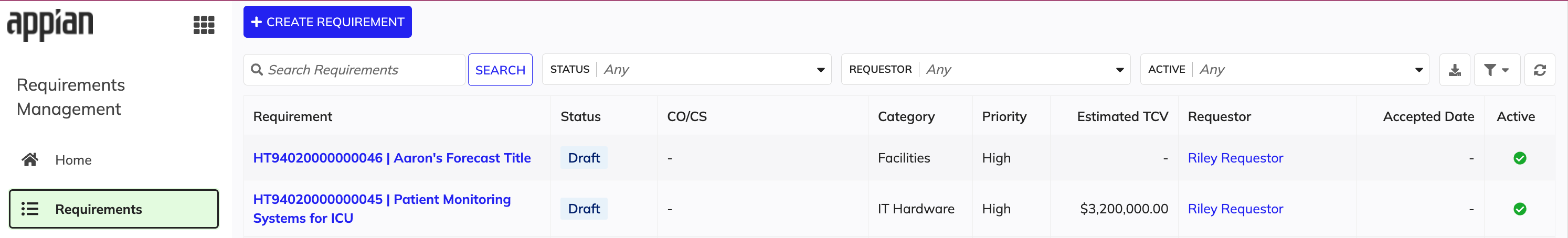 Appian Requirements Management: Requirements record list with search and filters.