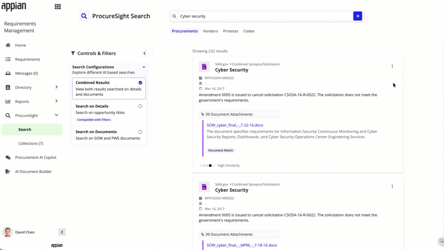 ProcureSight: Context menu to save procurement or vendor to save to requirement.