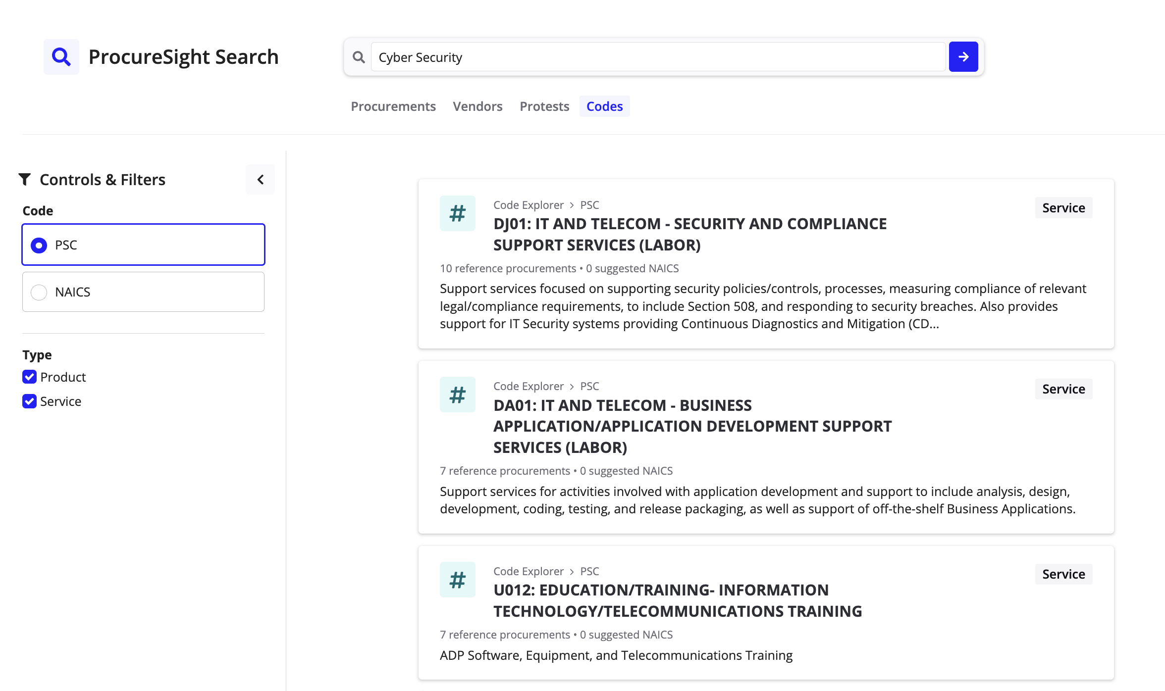 ProcureSight search results with control and filter options.