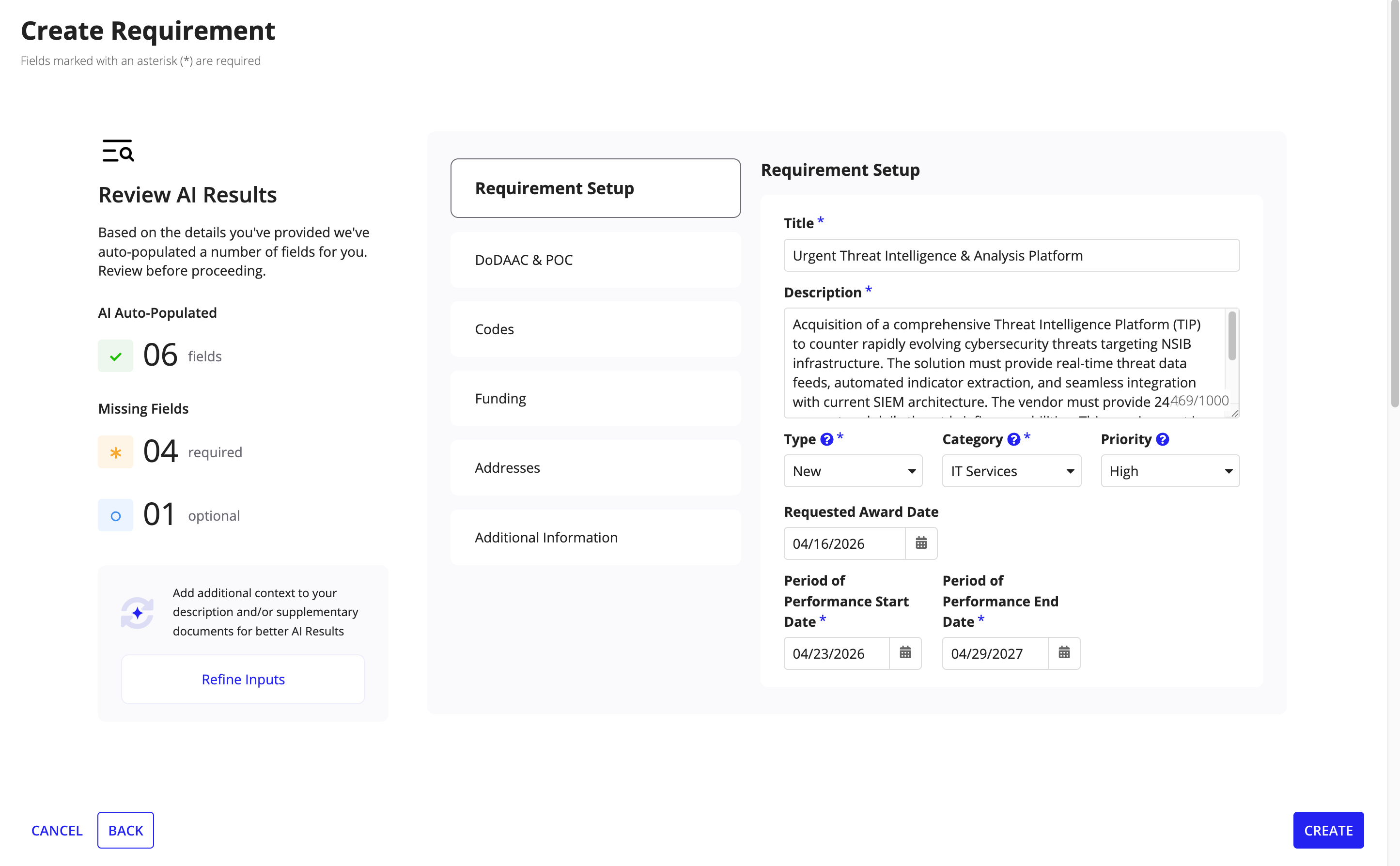 Create Requirement wizard showing Requirement details & Dates section.