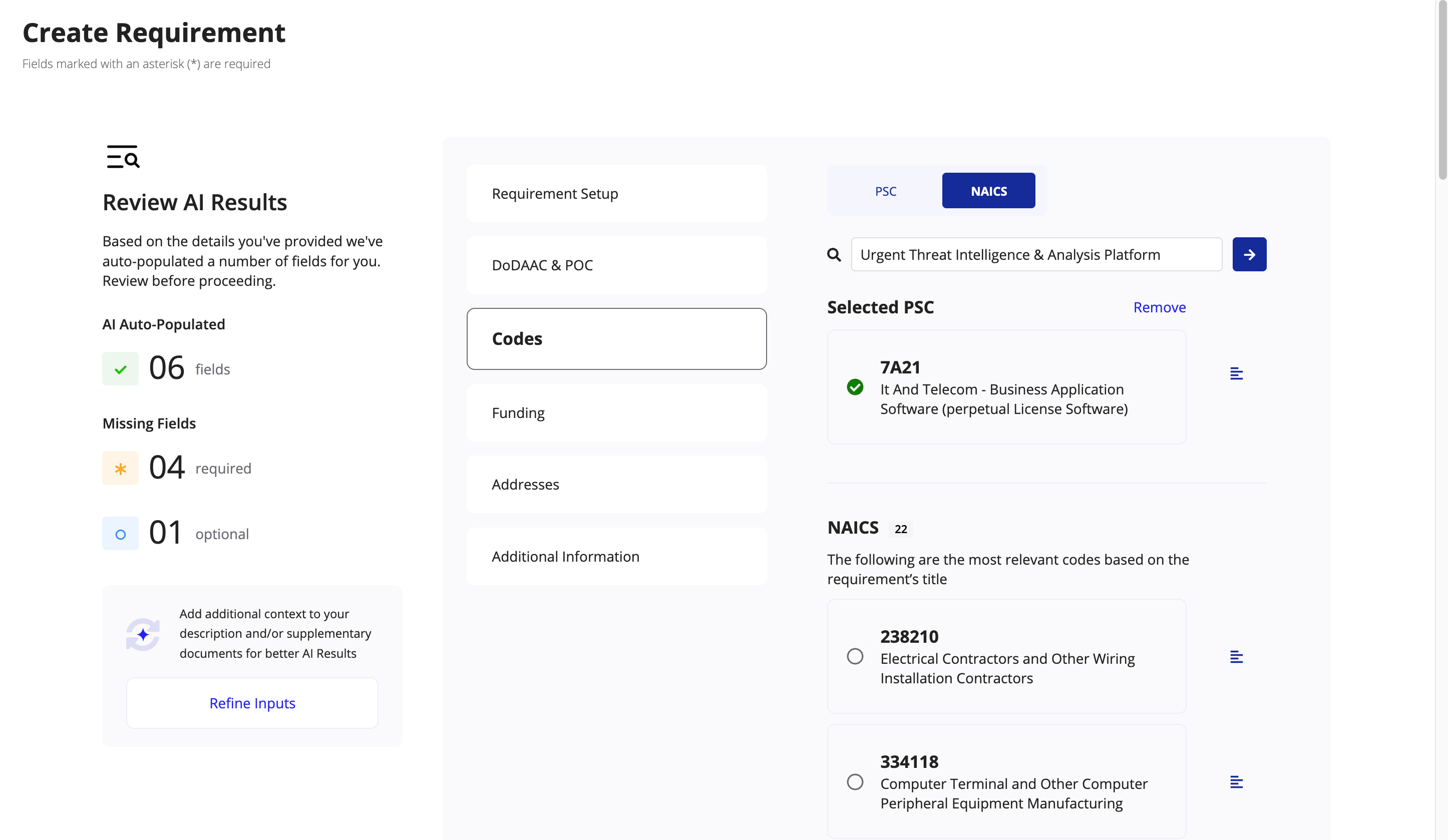 Intelligent PSC and NAICS code search in the Create Requirement wizard.