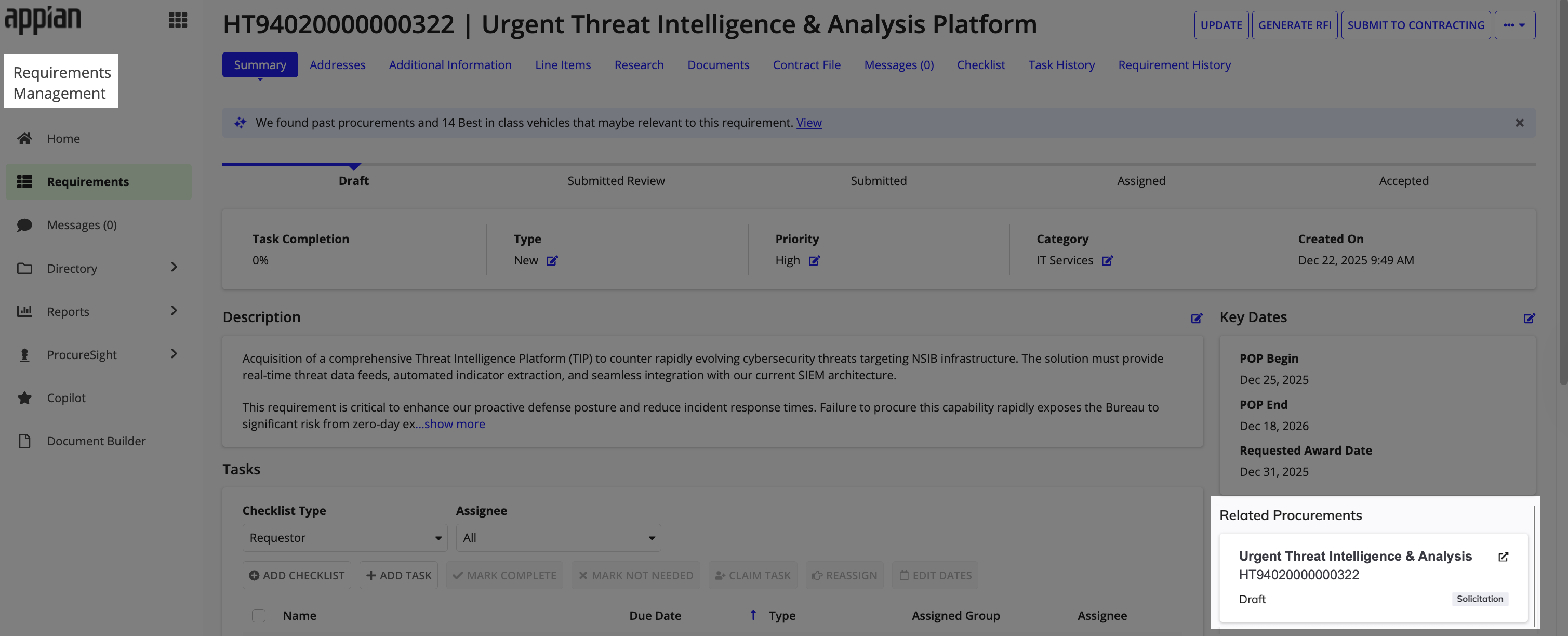 Contract Writing UI showing a solicitation with linked, accepted requirement details.