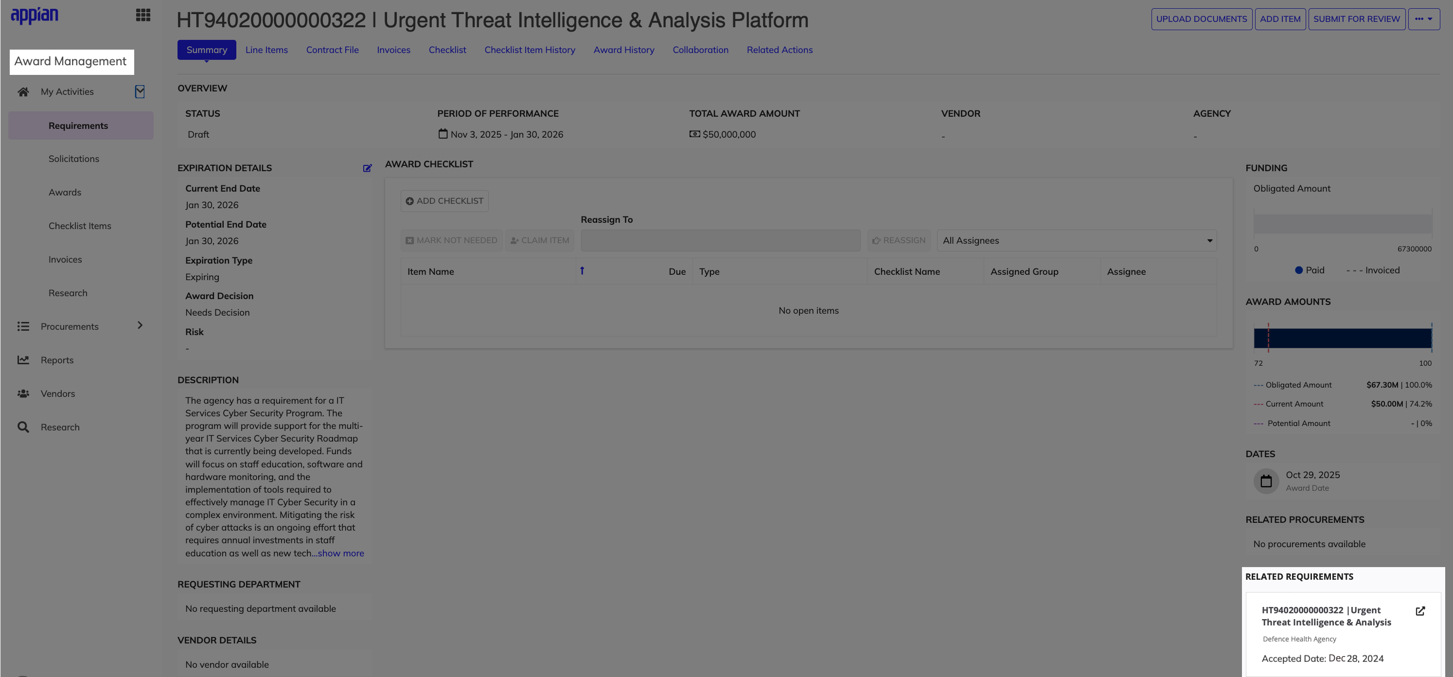 Appian configurable award checklist for Cyber Security Program Services.
