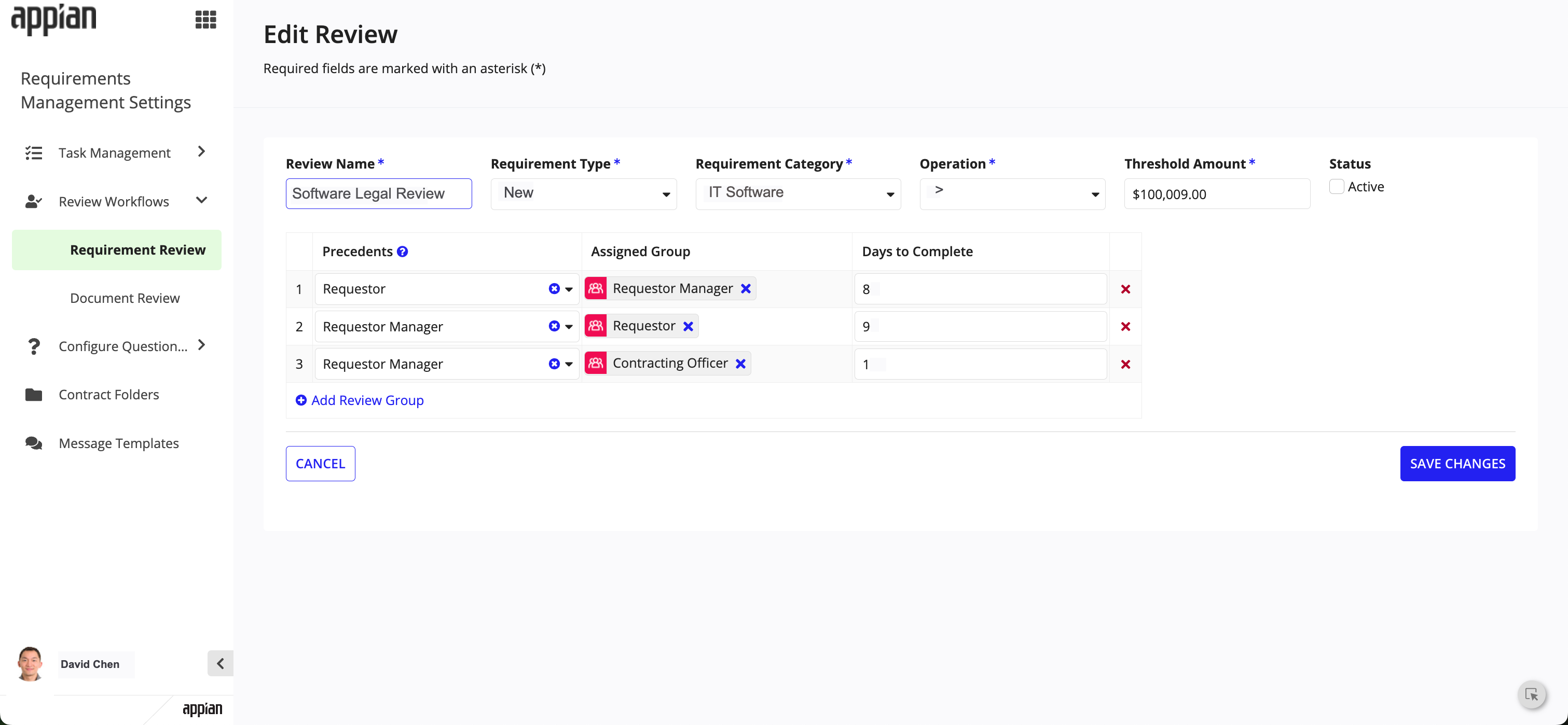 Configure requirement review process with assigned groups.