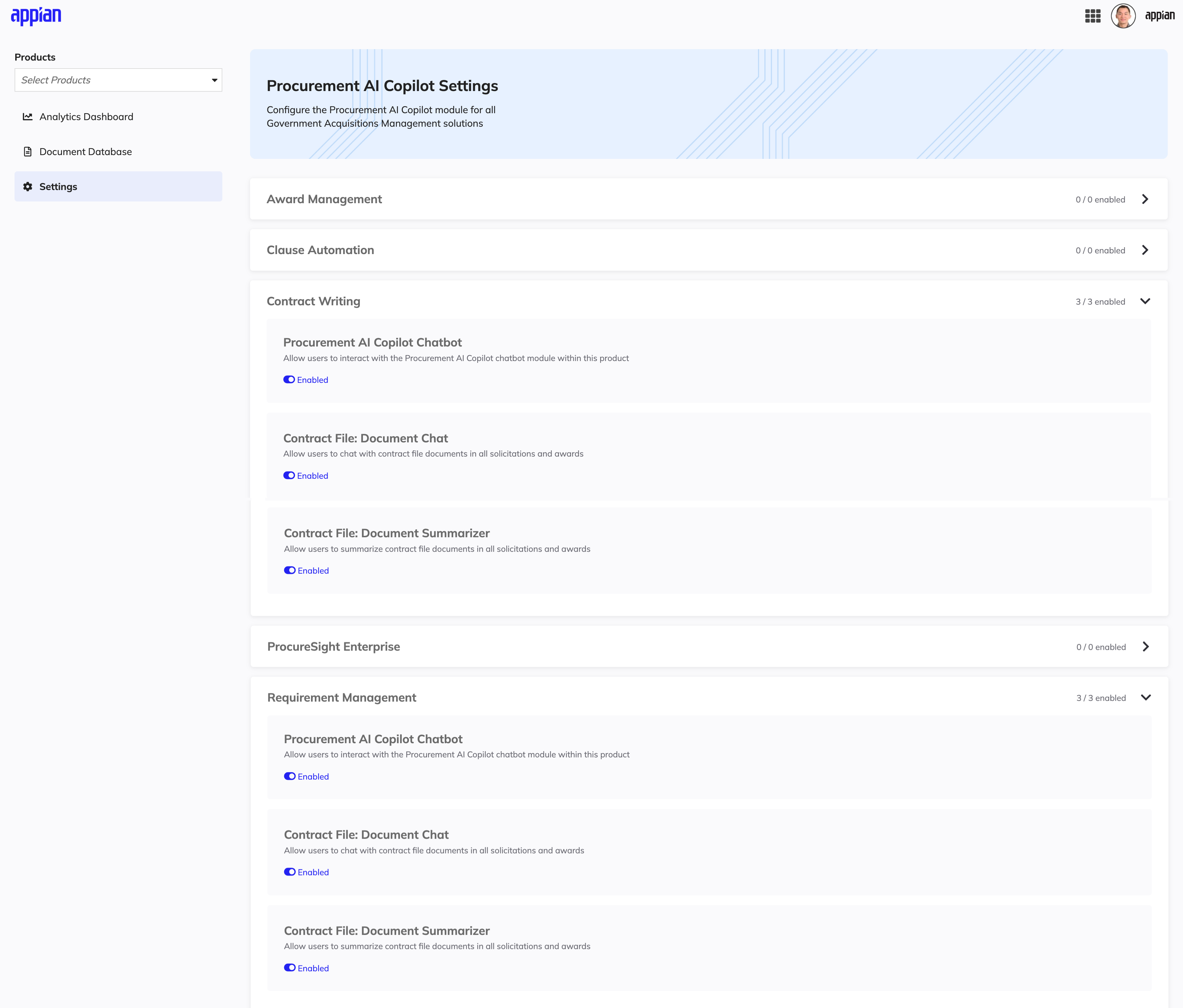 Procurement AI Copilot Settings page showing Chatbot, Document Chat, and Summarizer toggles enabled.