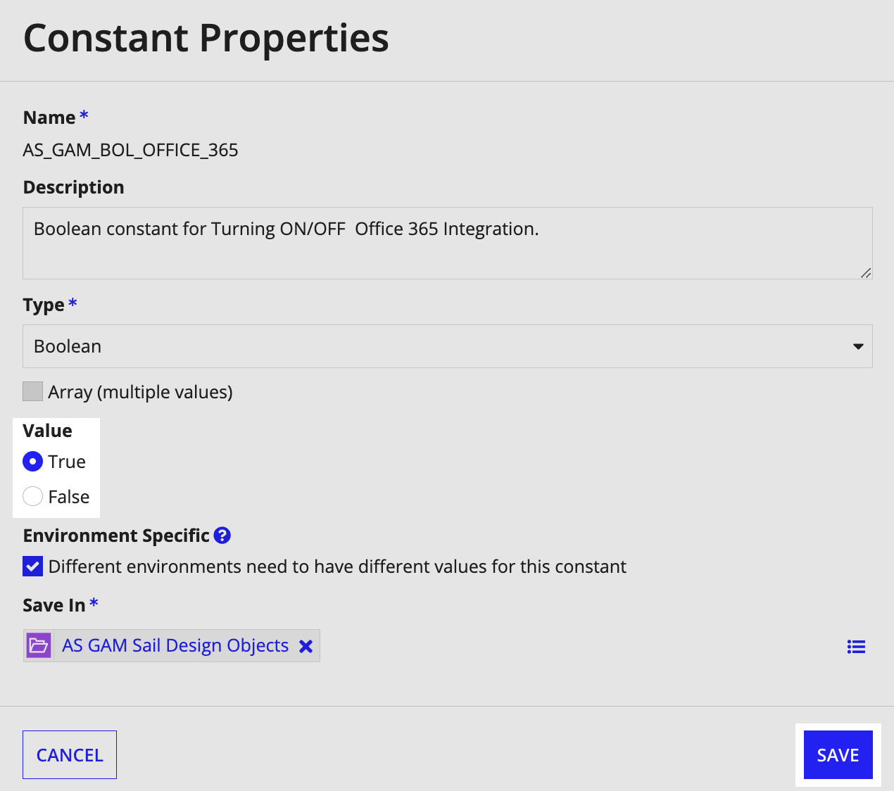 `AS_GAM_BOL_OFFICE_365 constant properties showing 'True' selected for SharePoint integration.`