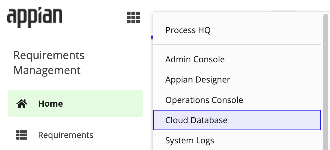 Appian menu showing Cloud Database selected.