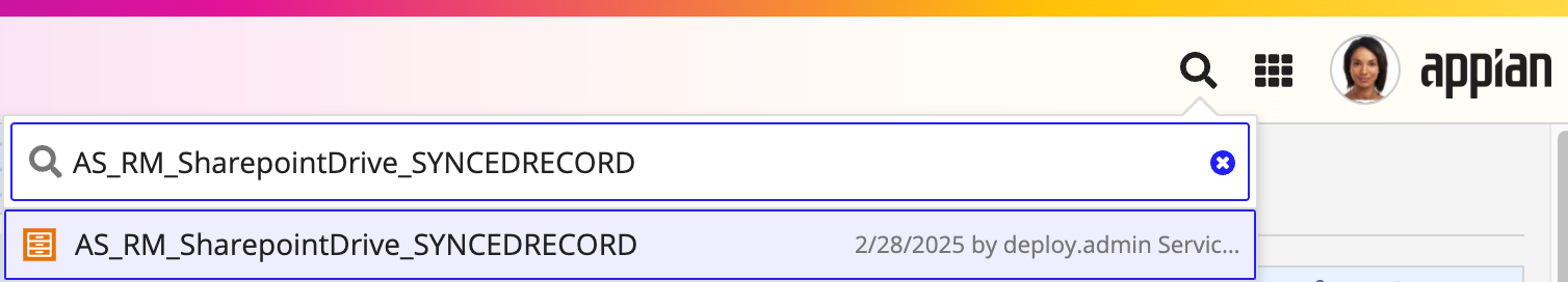 Search results for AS_RM_SharepointDrive_SYNCEDRECORD in Appian Designer.