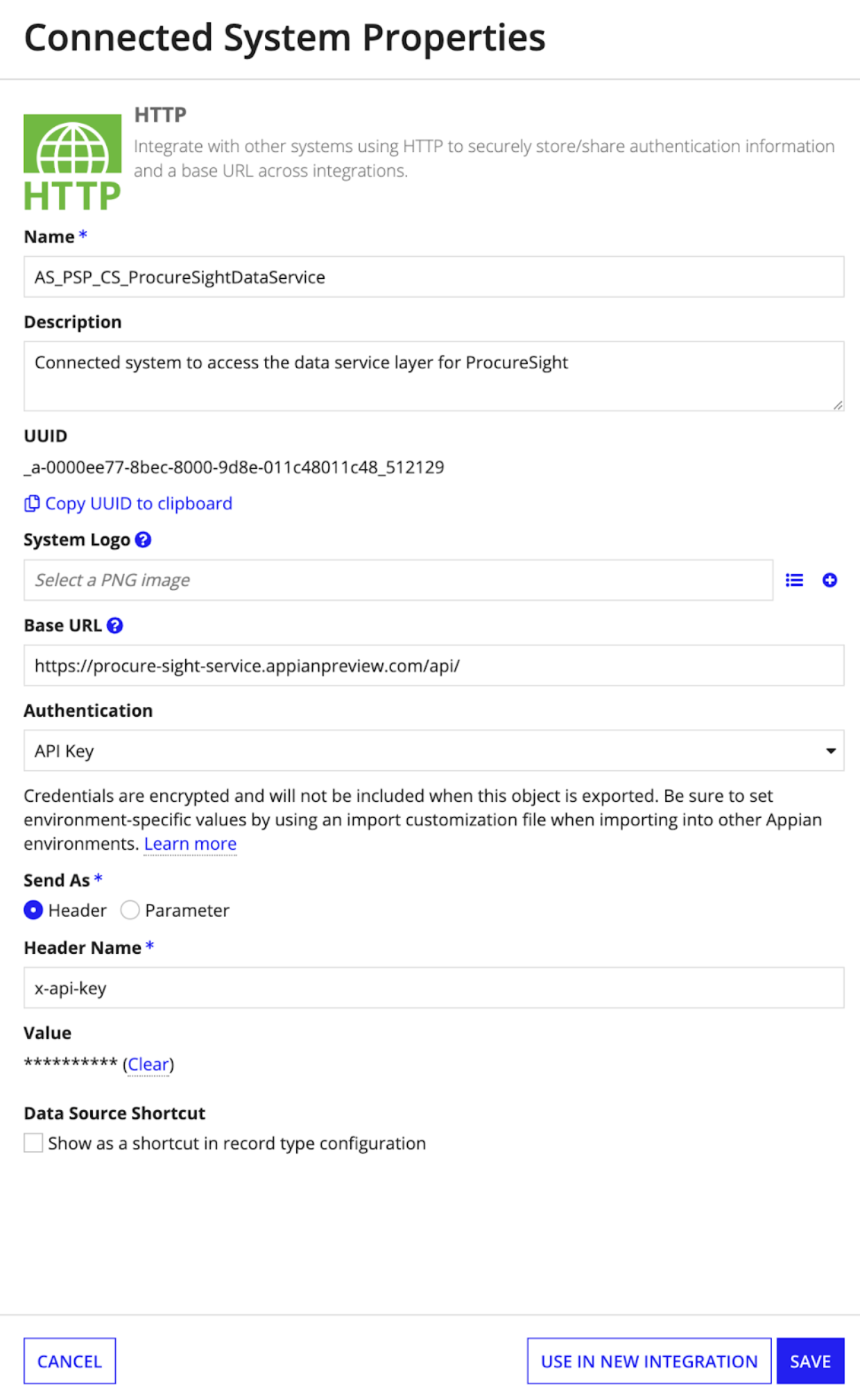 Connected System Properties for ProcureSight Data Service showing API key configuration fields.
