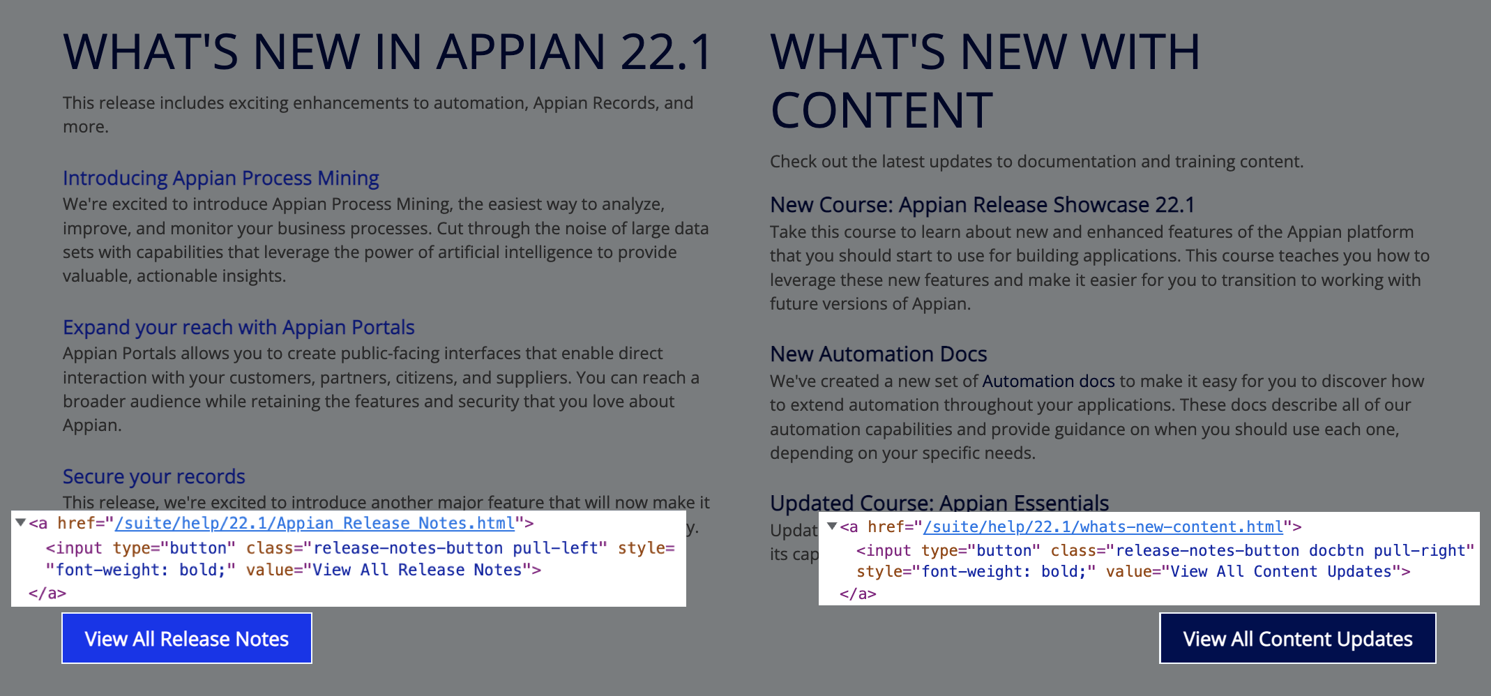 Source code showing two buttons with different CSS classes on the same page