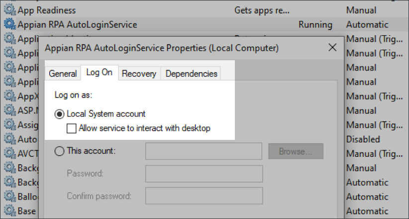 Local System account radio button selected in the Log On tab