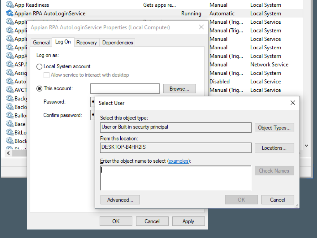 Select User window for choosing the service account