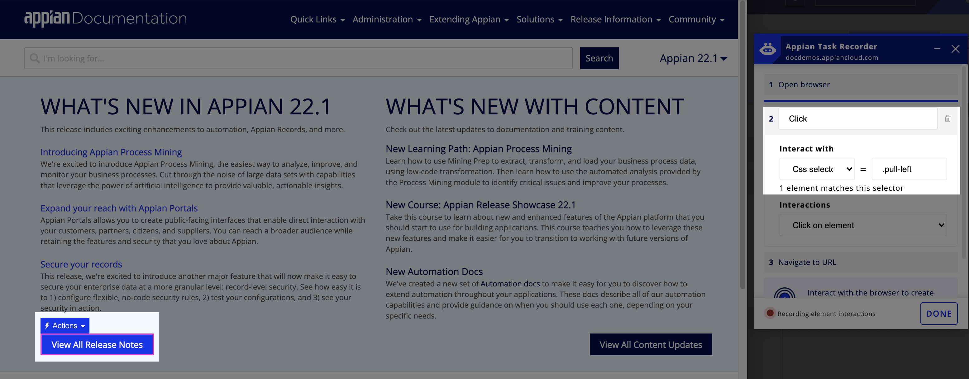 Task recorder capturing a click on the View All Release Notes button with the suggested CSS selector