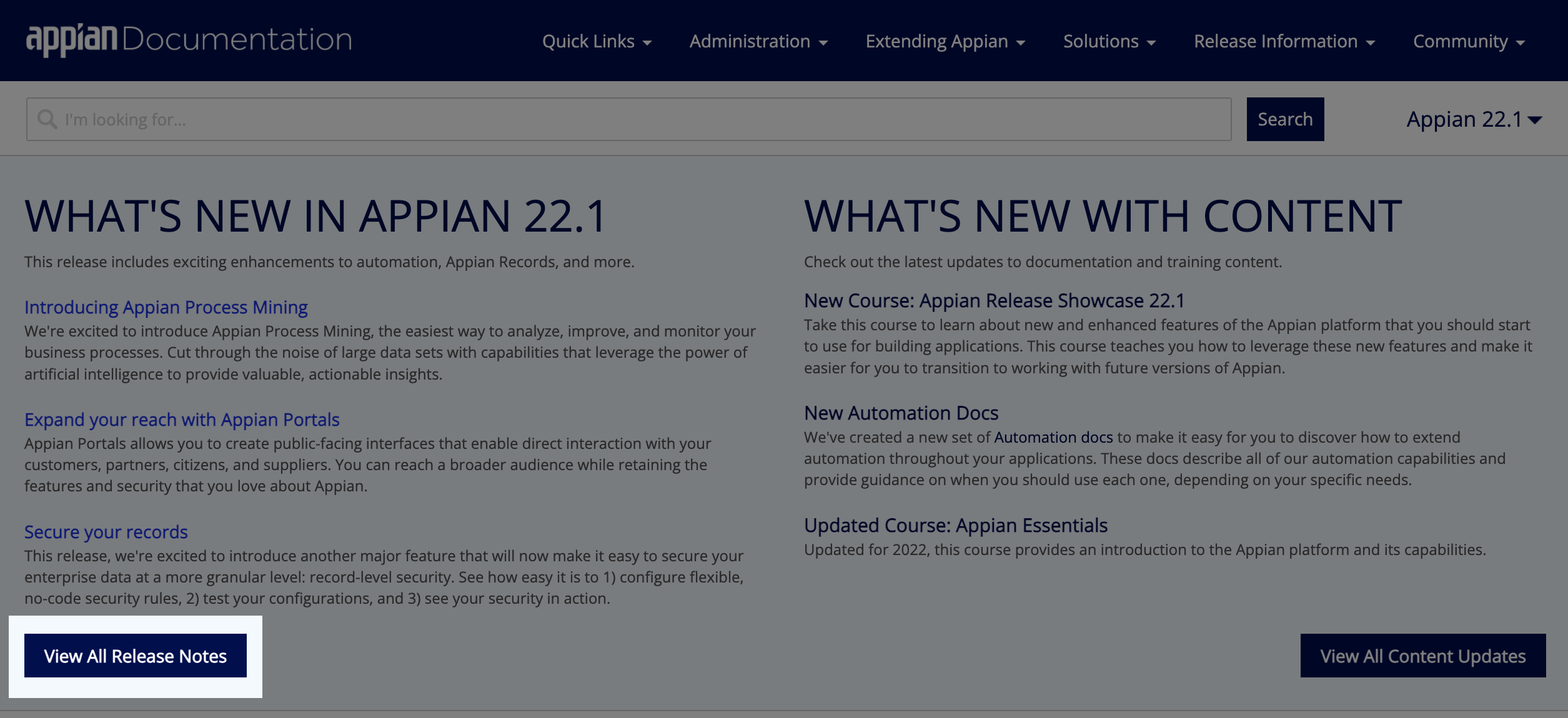 View All Release Notes button on the docs.appian.com page