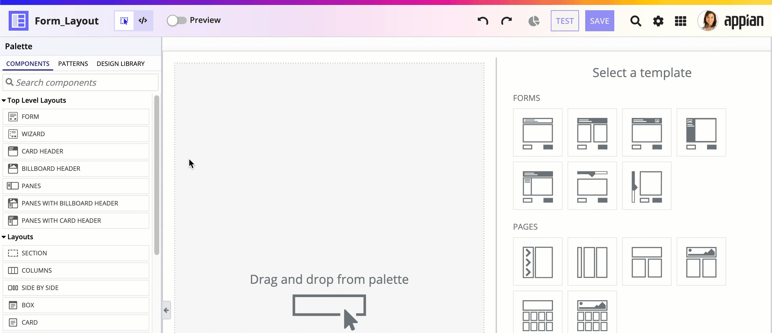 gif of a user dragging a form layout into their interface from the component palette