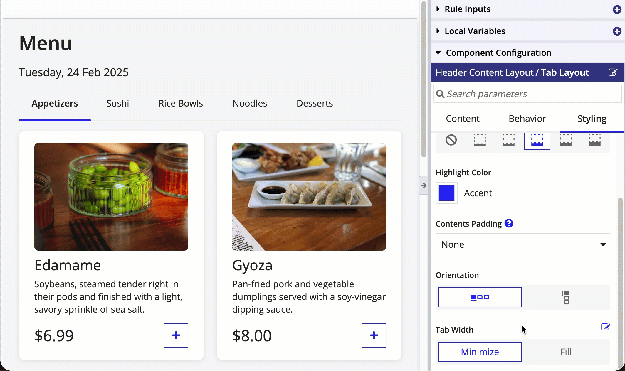 tab layout switching between minimize and fill width
