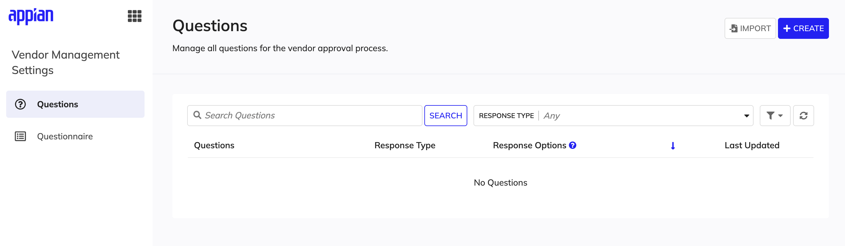 The Vendor Management Settings site landing page, accessed from the grid menu in the Vendor Management site, showing options to manage questions and questionnaires.