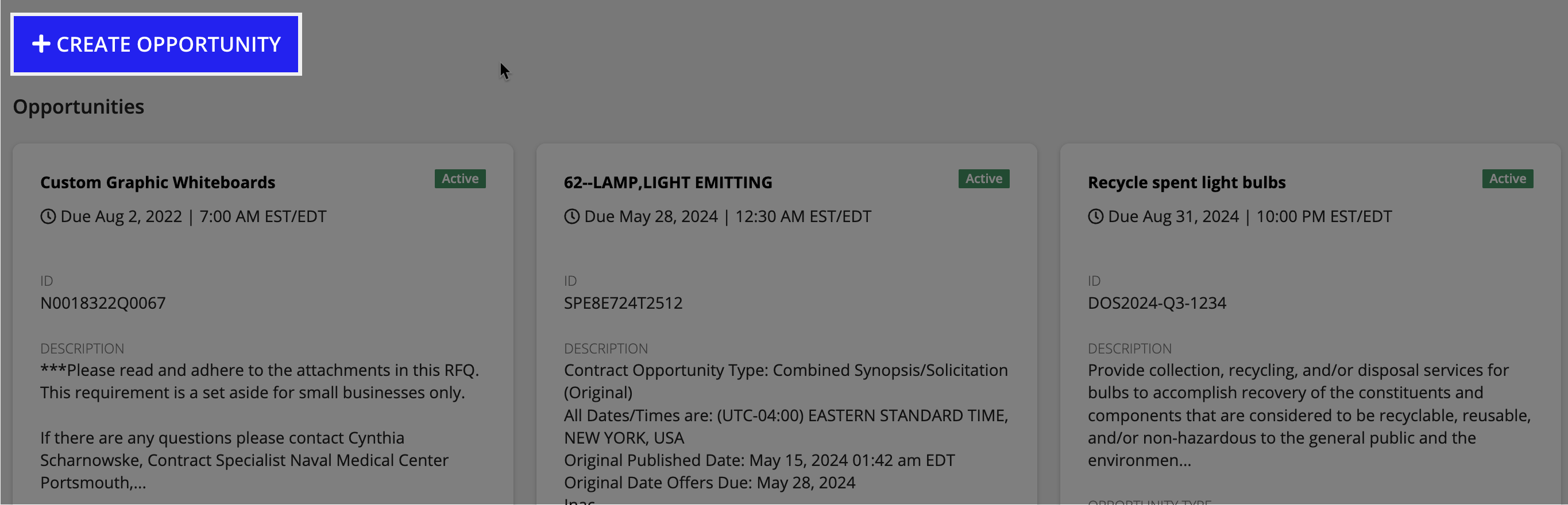 The Home or Opportunities page showing the CREATE OPPORTUNITY button.