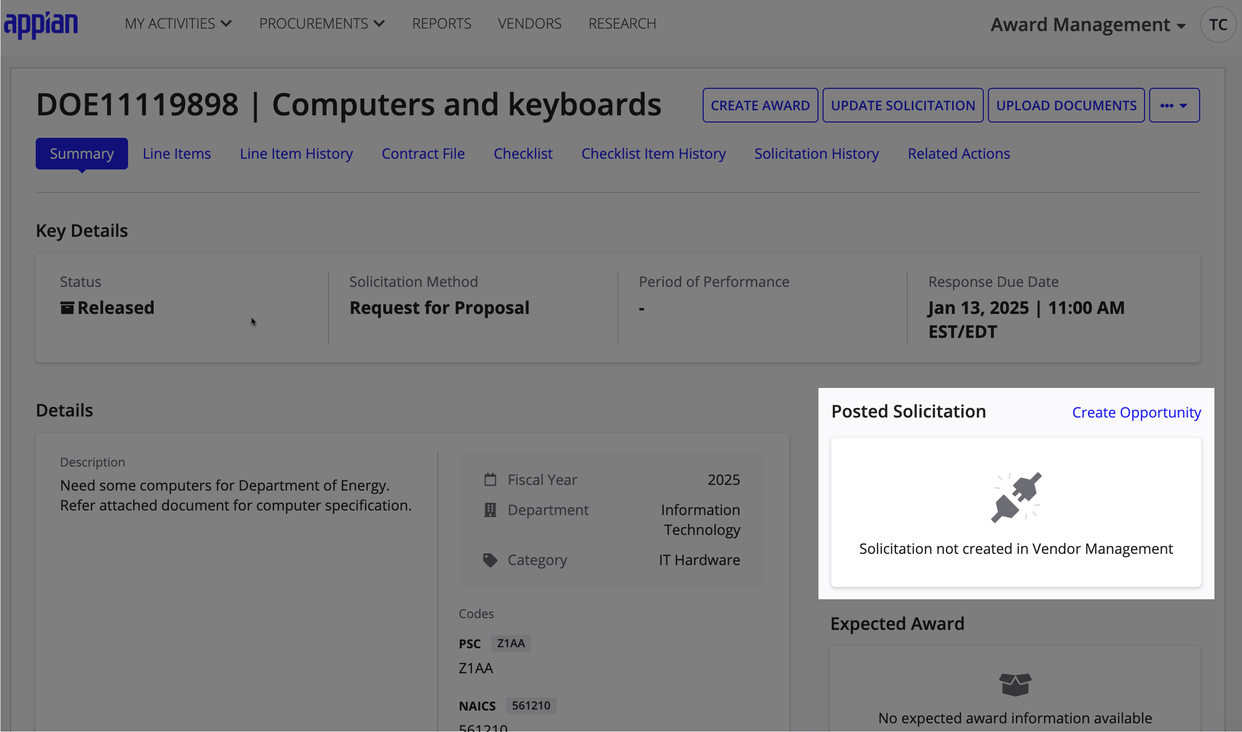 The Solicitation Summary page in Award Management showing the Create Opportunity button in the Posted Solicitation section.