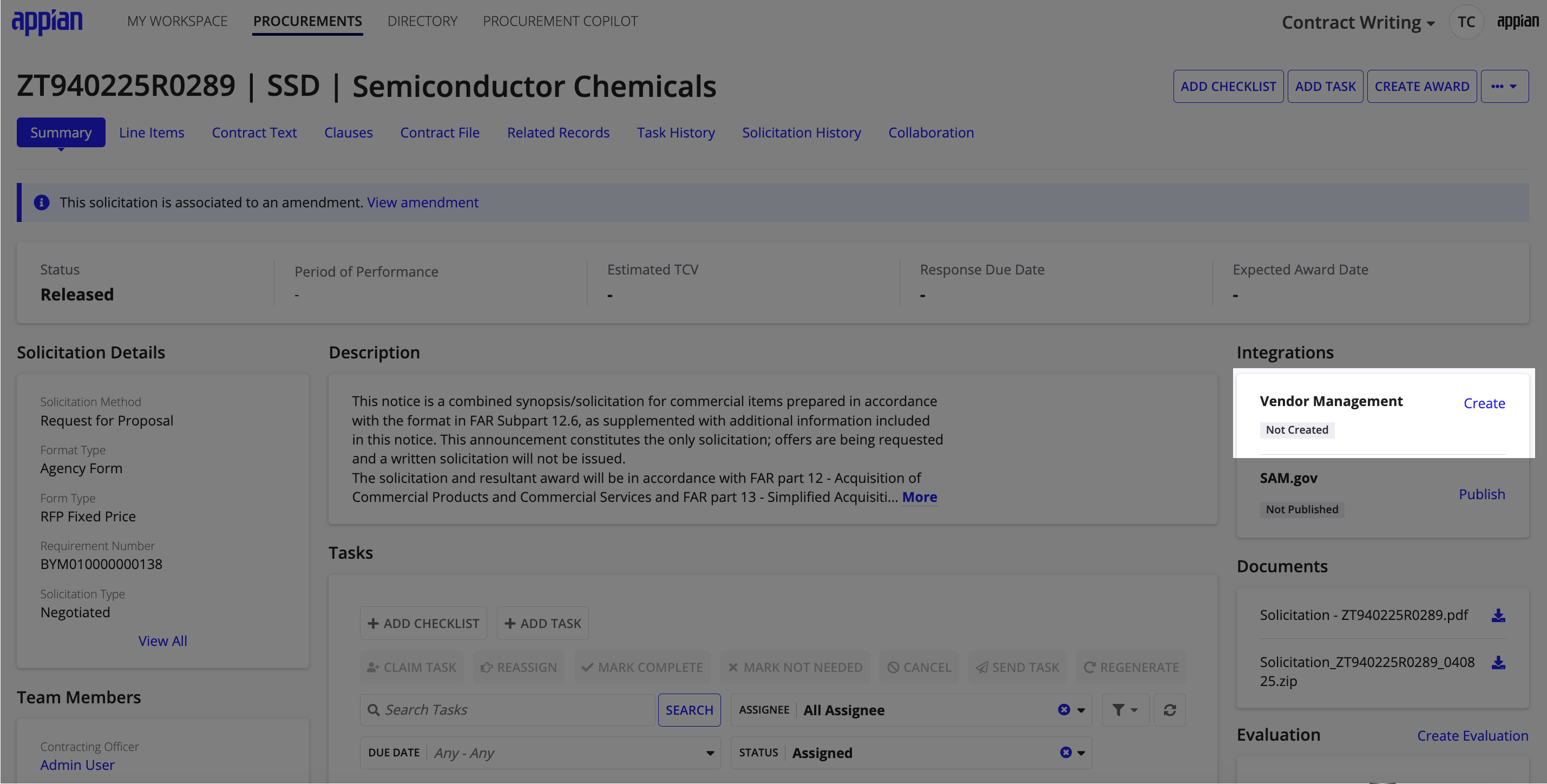 The Solicitation Summary page in Government Contract Writing showing the Create button under Integrations, Vendor Management.