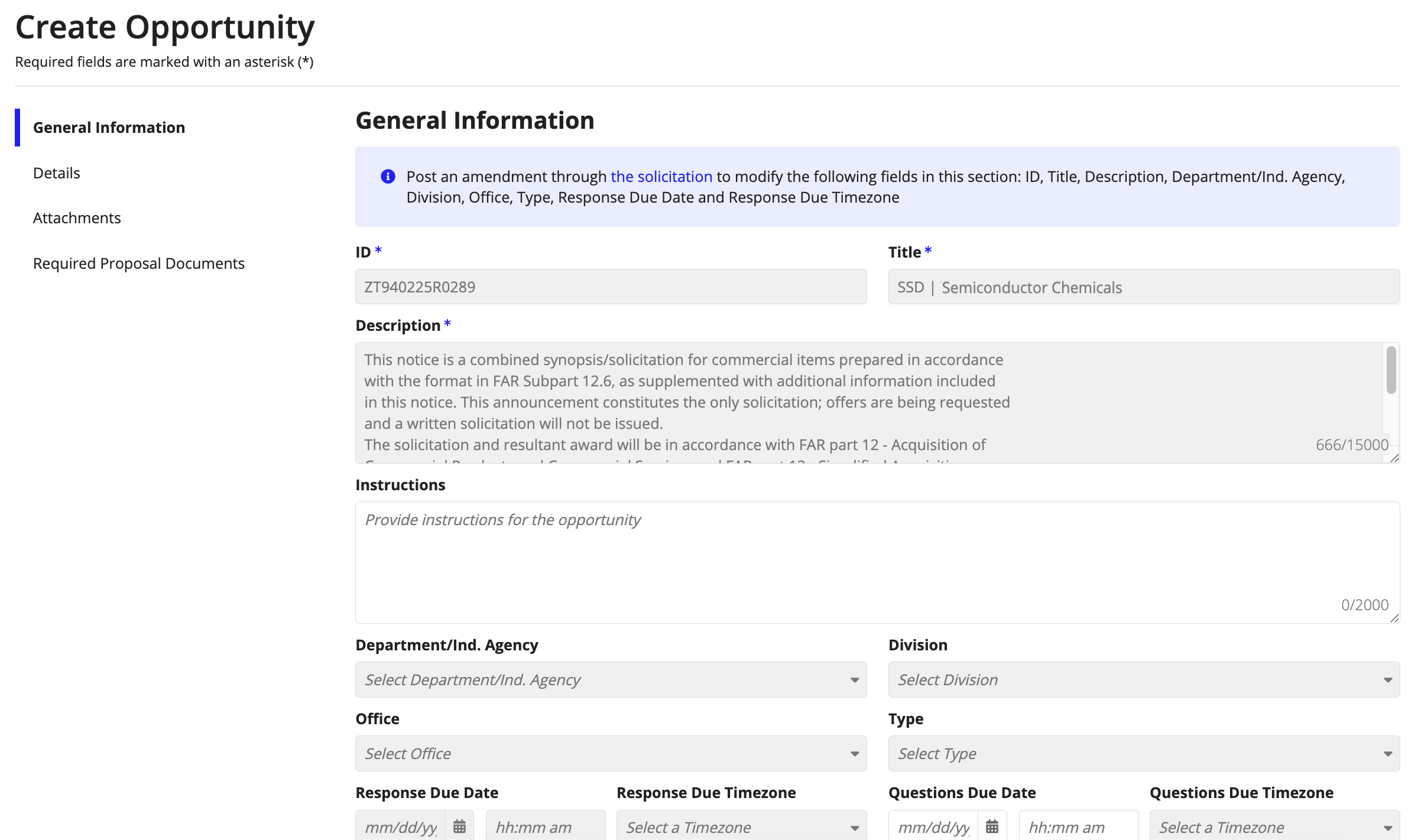 The Create Opportunity wizard in VM with pre-populated fields from the GCW solicitation shown as disabled, and a message linking back to the solicitation in GCW.
