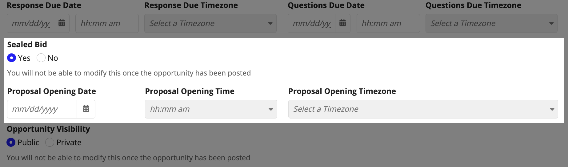 The Sealed Bid section of the General Information step showing the Proposal Opening Date, Proposal Opening Time, and Proposal Opening Timezone fields that appear when Sealed Bid is set to Yes.