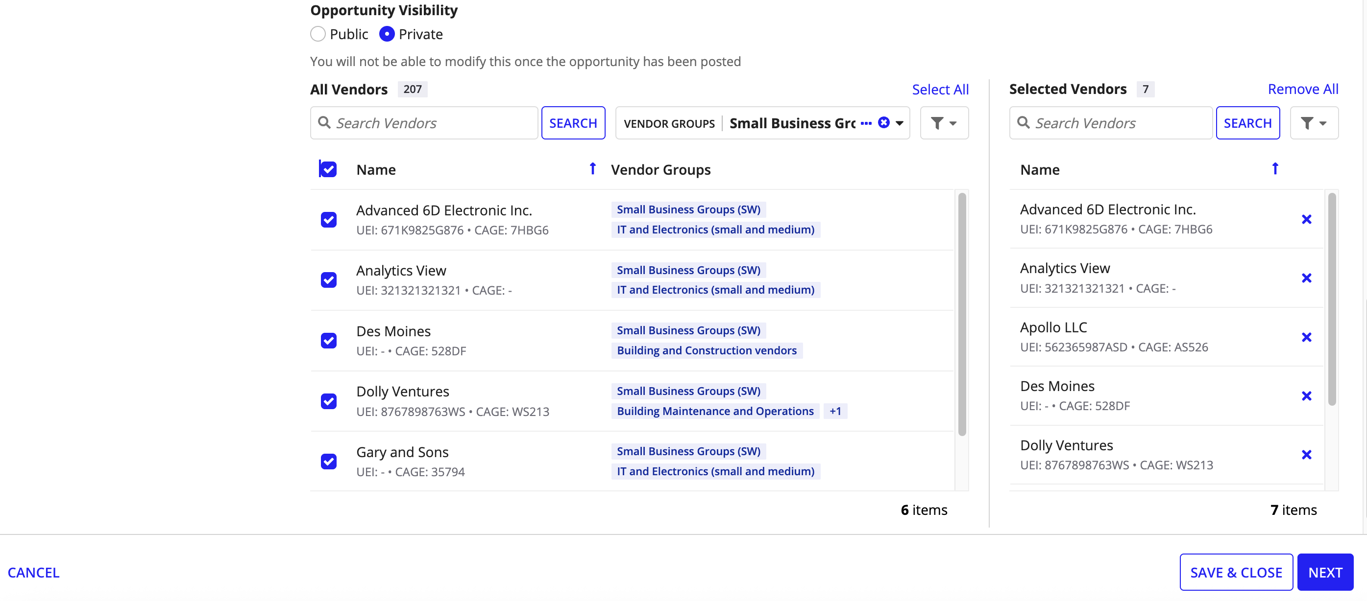 The Opportunity Visibility section showing the Private option selected, with fields to choose specific vendors and vendor groups who can view the opportunity.
