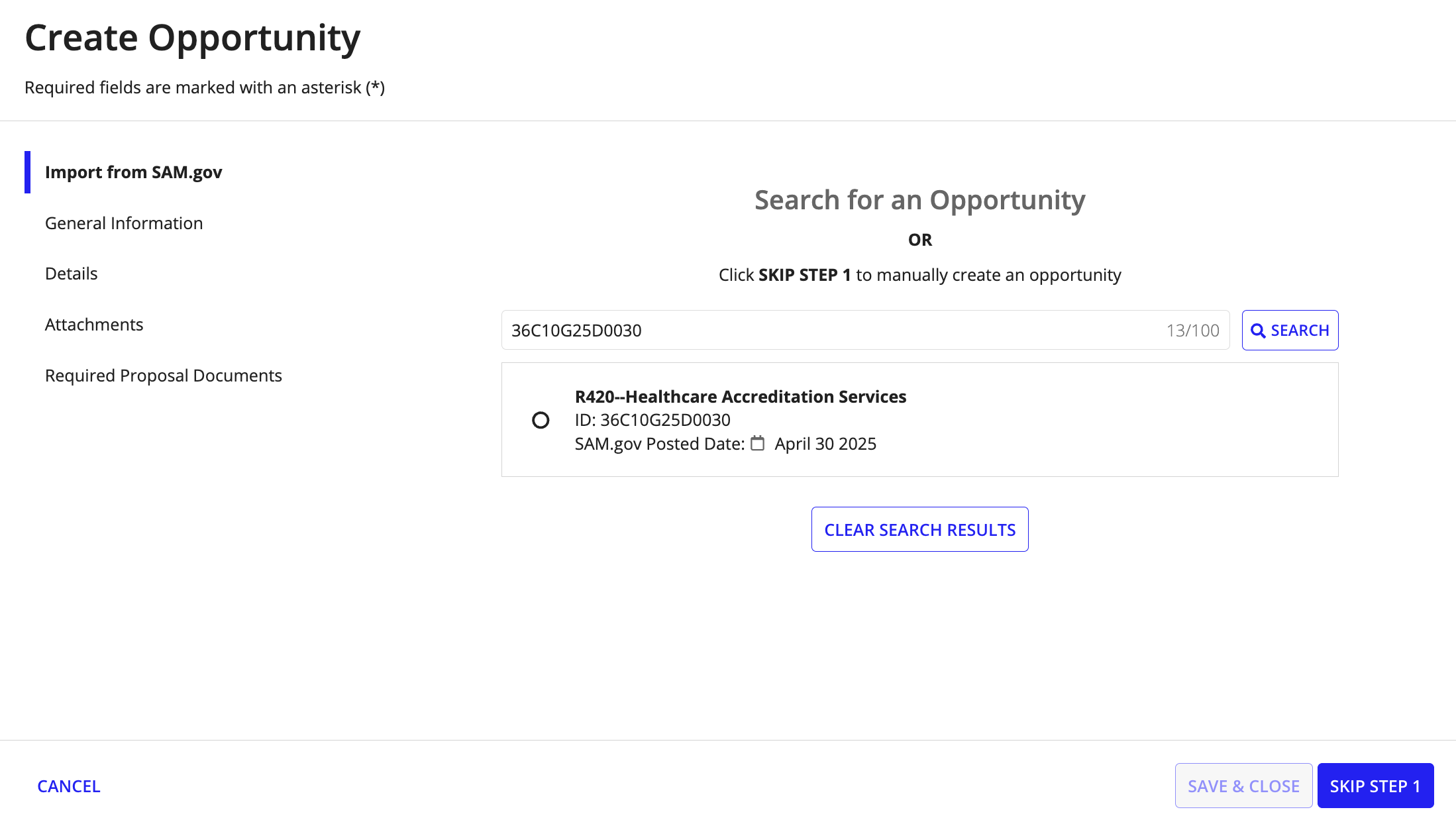 Step 1 of the Create Opportunity wizard showing the SAM.gov import search box and the SKIP STEP 1 option to create an opportunity manually.