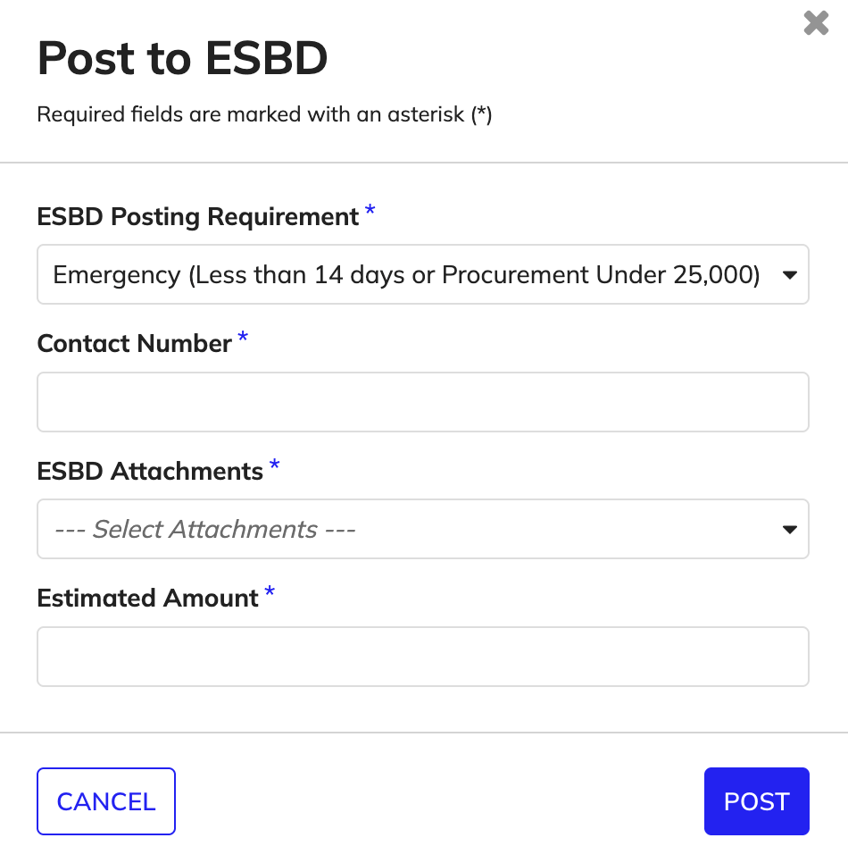 The Post to ESBD dialog with fields for ESBD Posting Requirement, Contact Number, ESBD Attachments, and Estimated Amount, and a POST button to confirm.