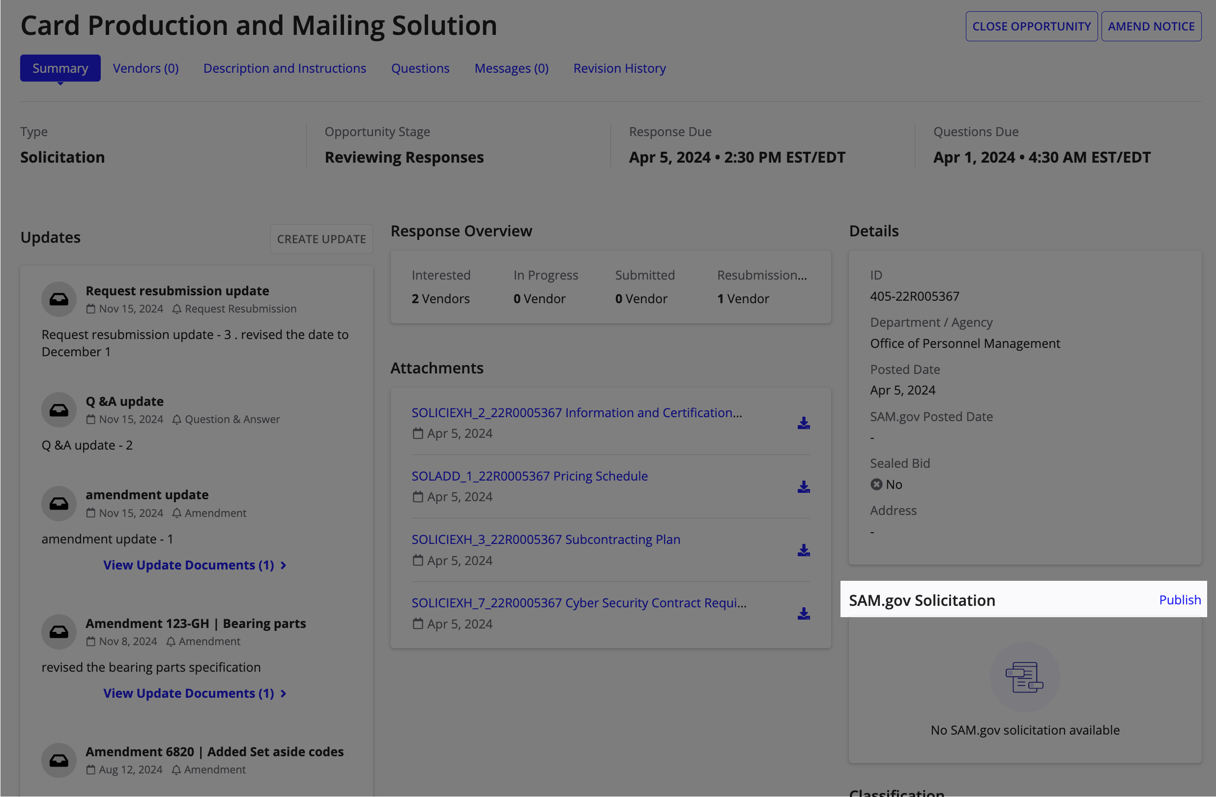 The Opportunity Summary view showing the SAM.gov Solicitation section with the Publish button to post the opportunity to SAM.gov.