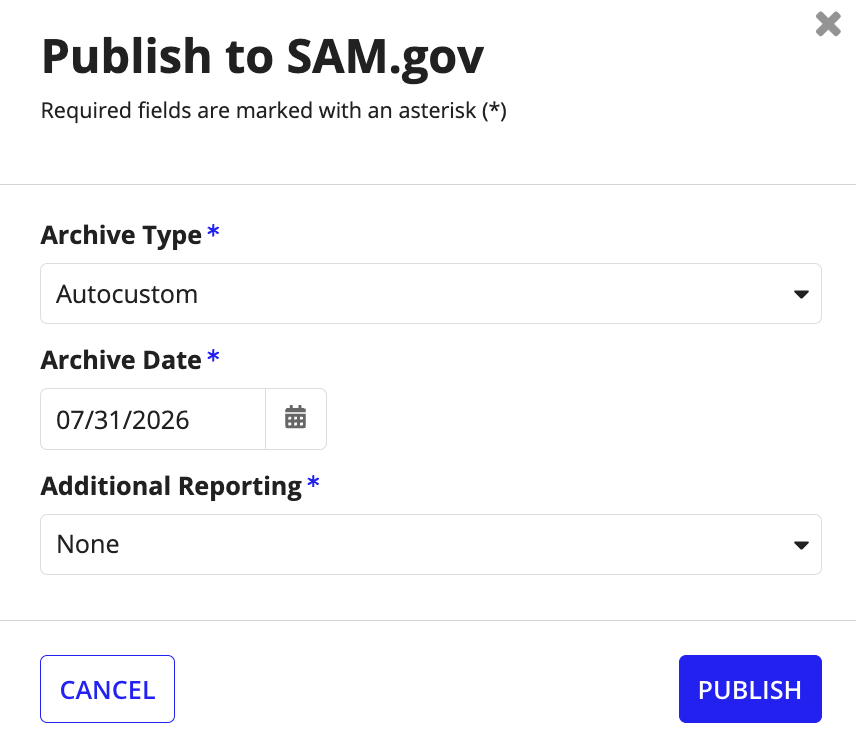 The Publish to SAM.gov dialog with fields for Archival Type, Archival Date, and Additional Reporting, and a Publish button to confirm.