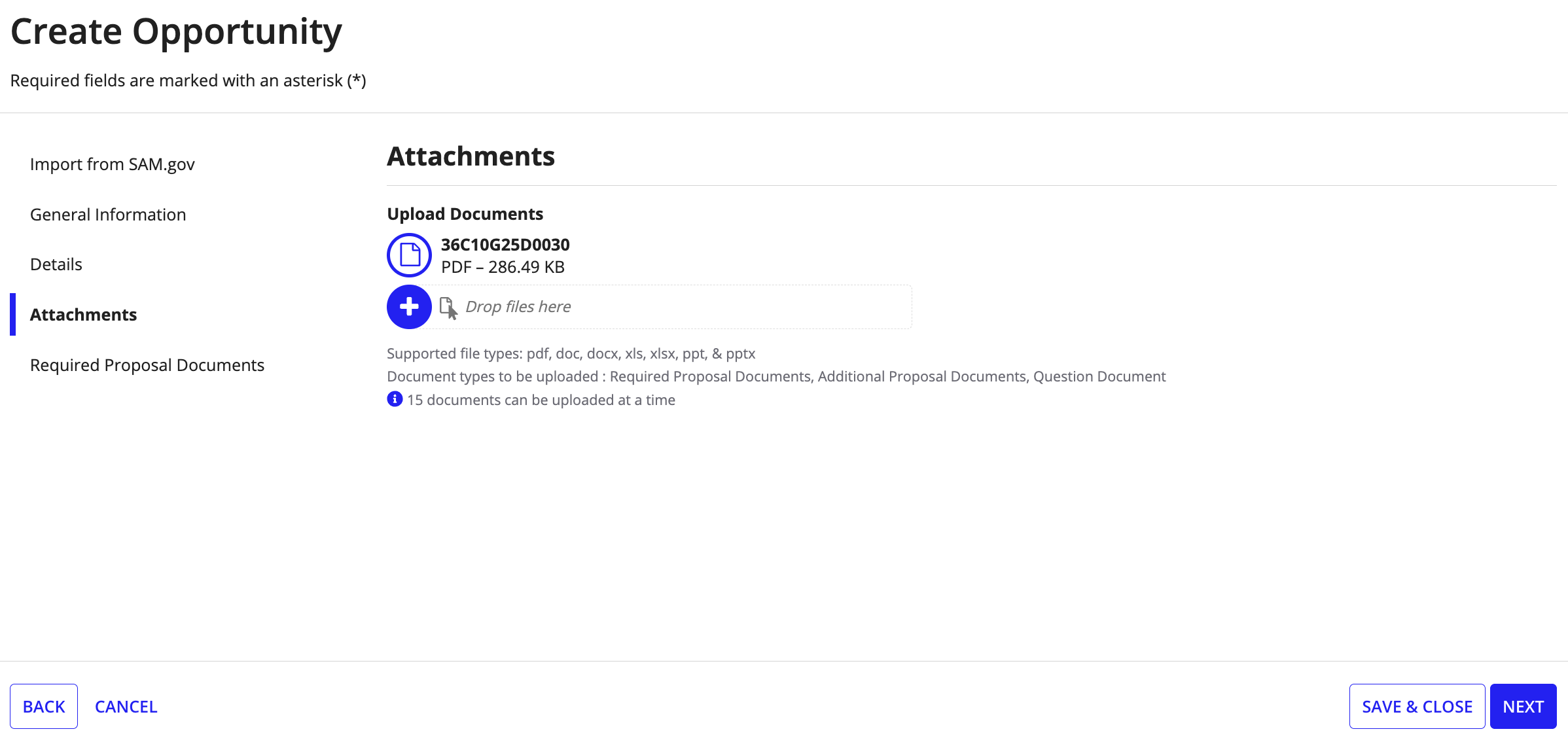 The Attachments step of the Create Opportunity wizard with an Upload button to add documents and forms for vendors to view and download.