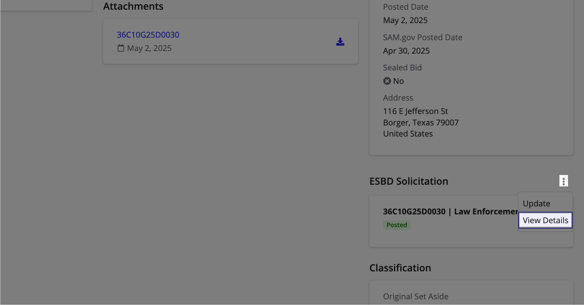 The ESBD Solicitation section showing the vertical ellipsis menu with the View Details option to inspect the ESBD posting information.