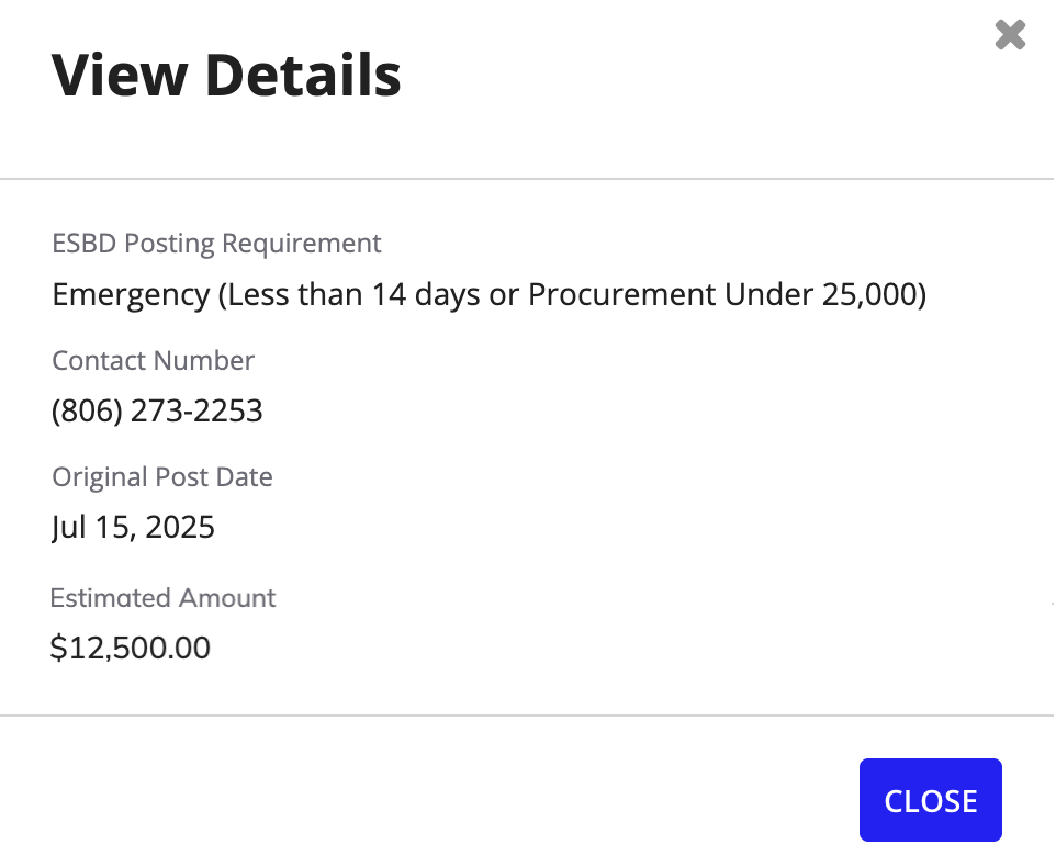 The View Details dialog displaying ESBD posting details including ESBD Posting Requirement, Contact Number, Original Post Date, and Estimated Amount.