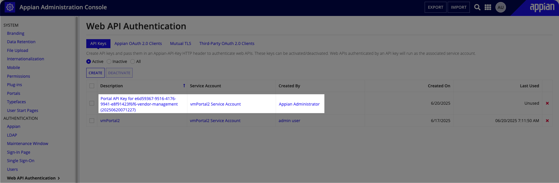 The Web API Authentication page in the Admin Console showing existing API keys created by Appian Administrator that must not be removed.