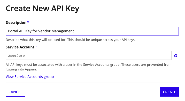 The Create API Key dialog with the Description field for entering a unique description for the new portals API key.