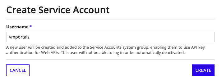The Create Service Account dialog with the Username field set to vmportals.
