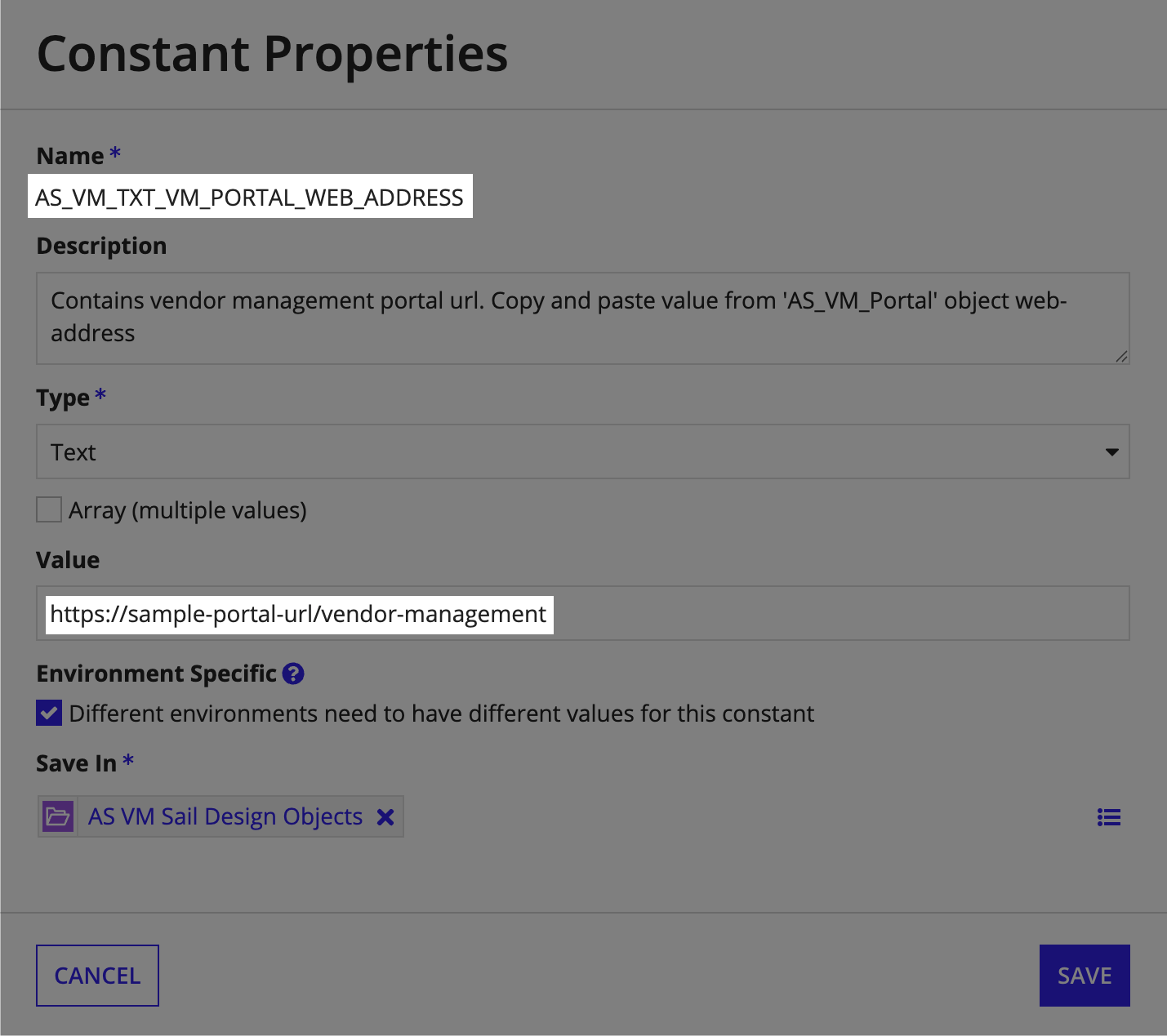 The AS_VM_TXT_VM_PORTAL_WEB_ADDRESS constant showing the Value field where the published Portal Web Address must be pasted.