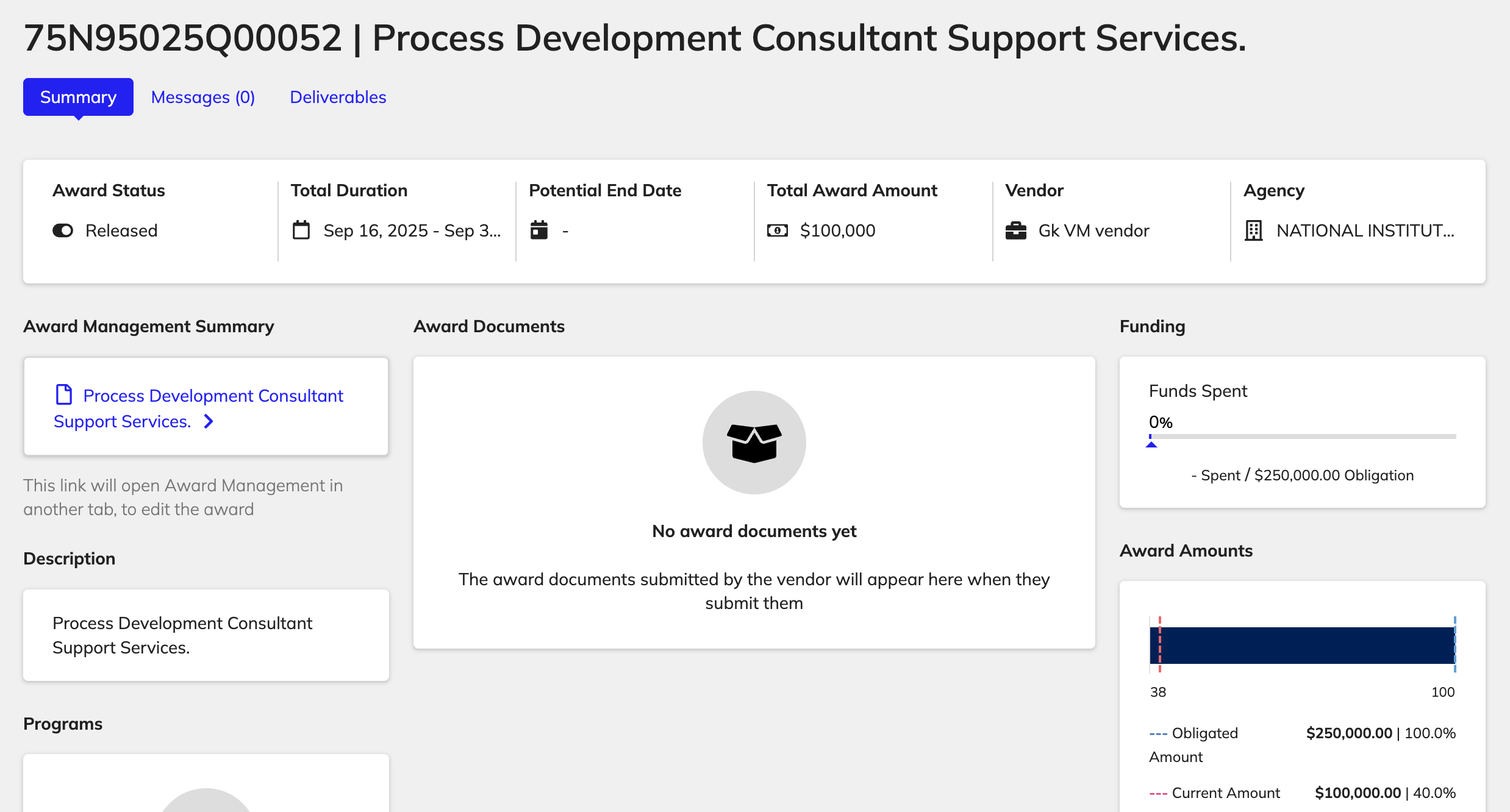 The Award Summary view showing award details including status, duration, vendor information, and award documents.
