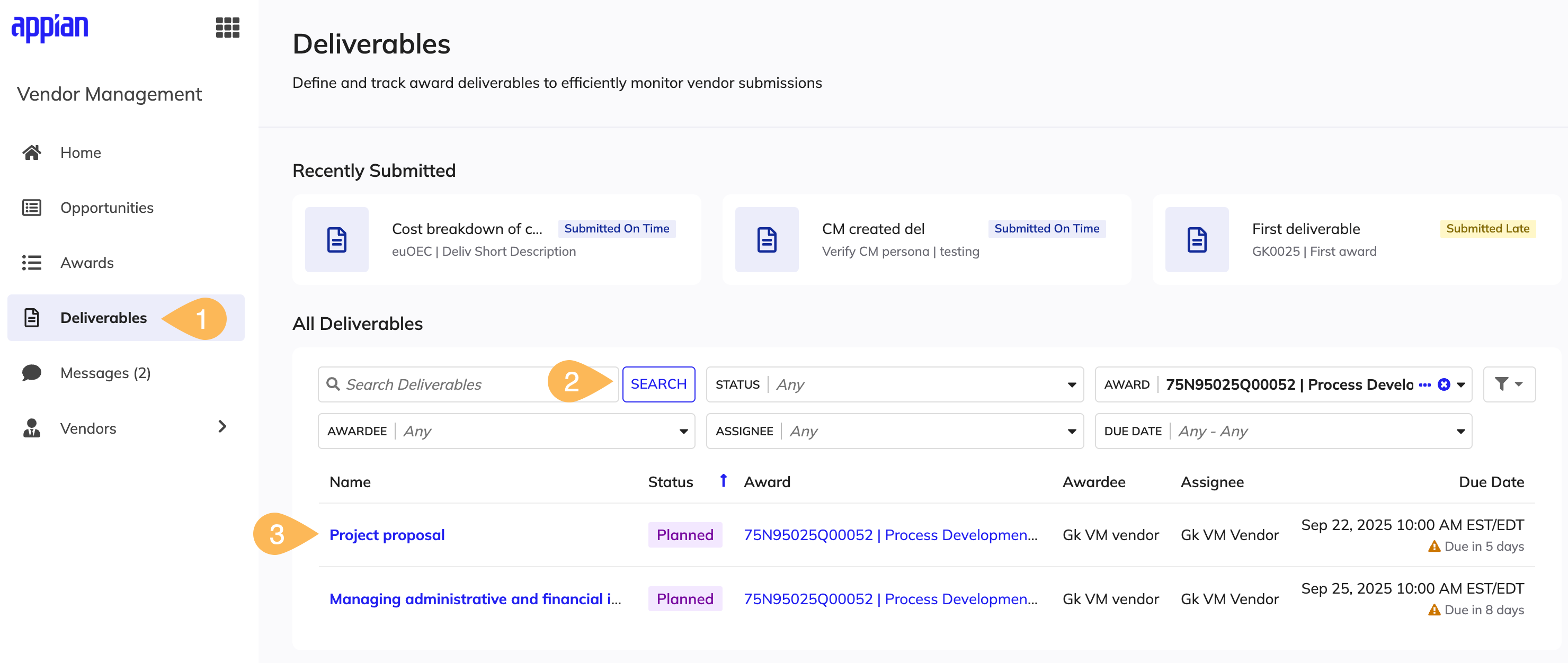 The Deliverables list showing deliverable names with columns for status, due date, assignee, and reviewer.