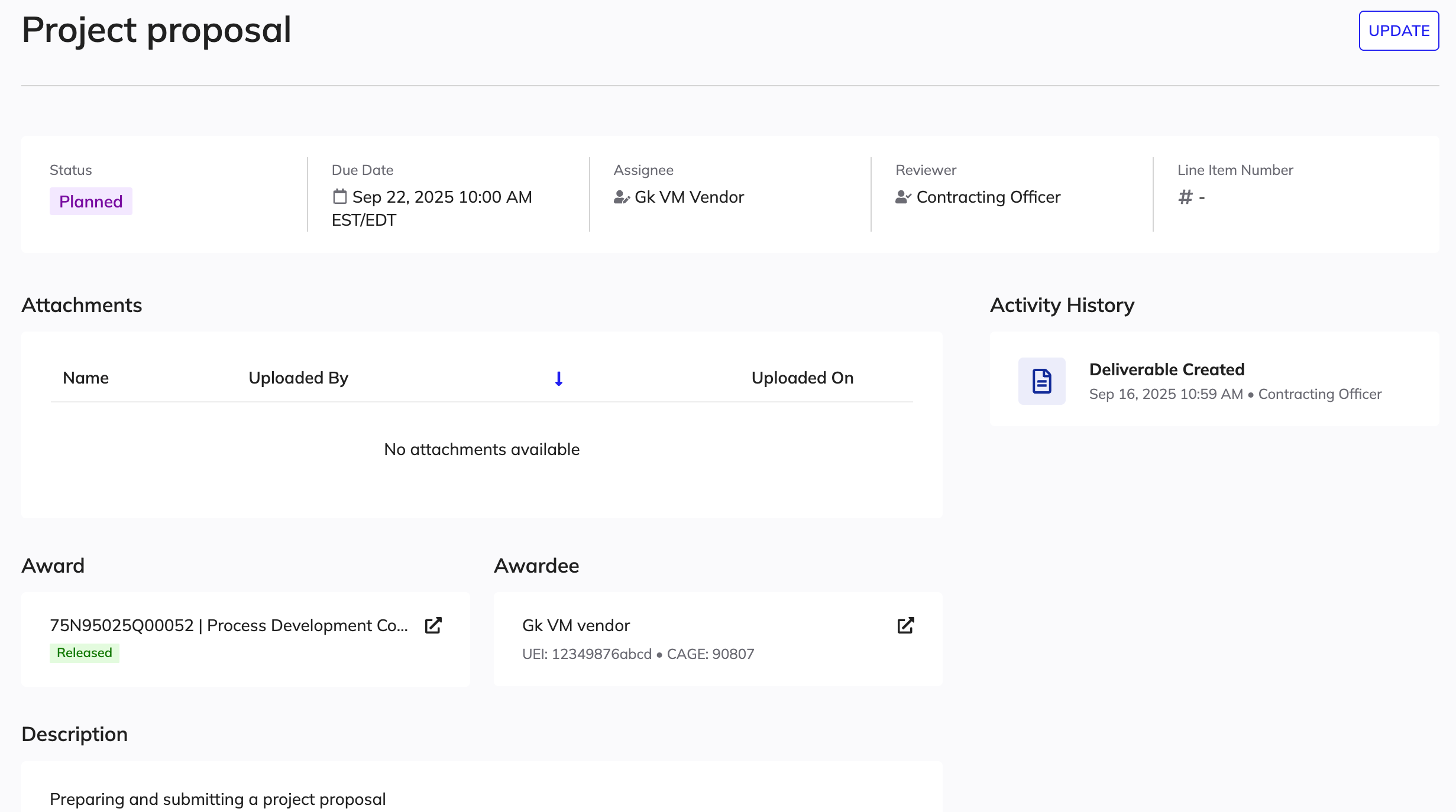 The deliverable detail page showing status, due date, assignee, reviewer, line item number, attachments, award, awardee, and description.