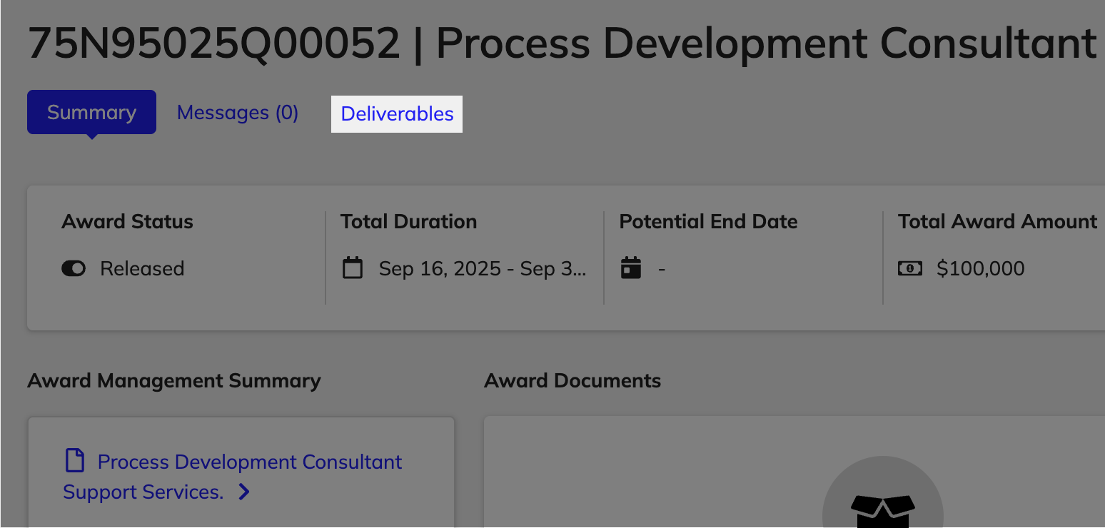 The Deliverables tab in the Award Summary view showing the list of deliverables associated with the award.