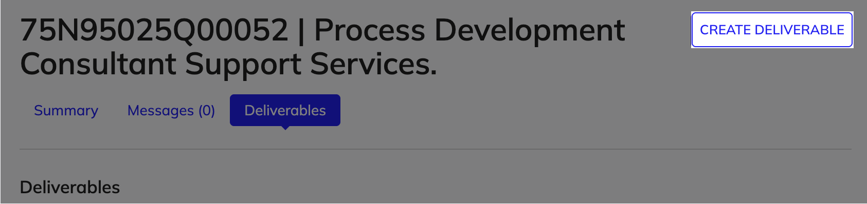 The CREATE DELIVERABLE button in the Deliverables tab to start creating a new contract deliverable.