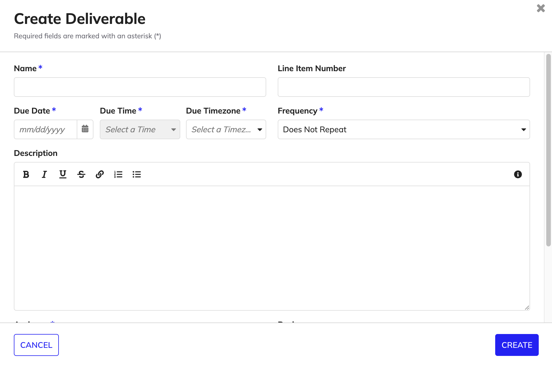 The Create Deliverable dialog with fields for name, due date, description, assignee, frequency, line item number, reviewer, and template.