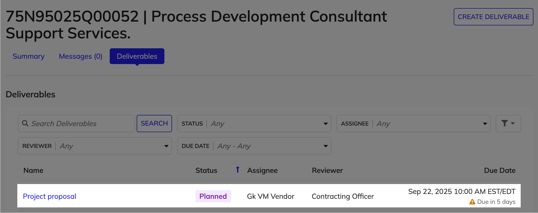The Deliverables tab showing the newly created deliverable with Planned status.