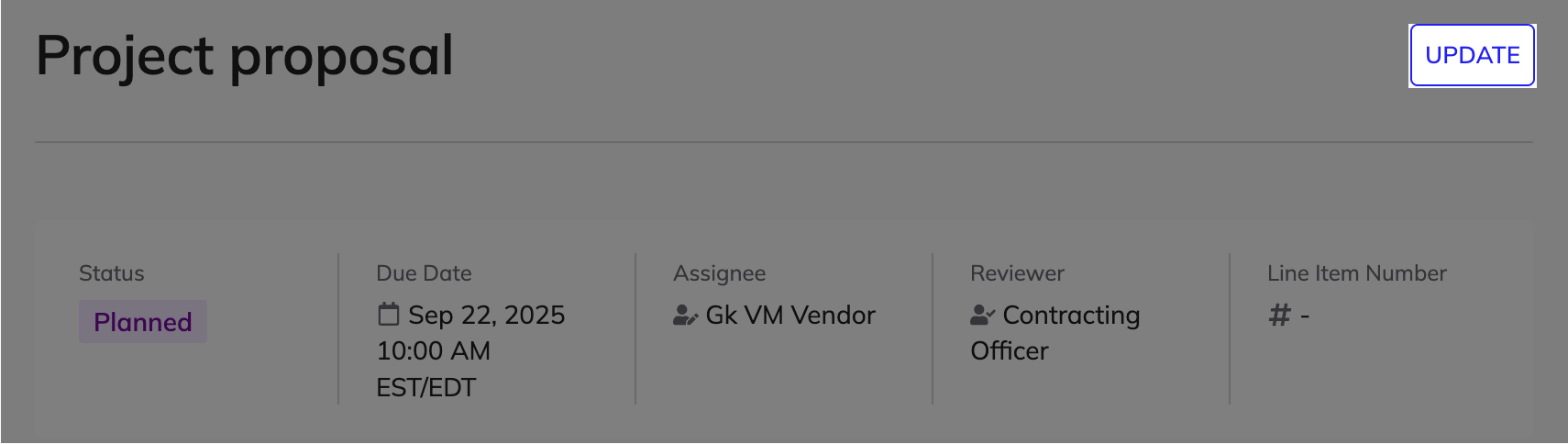 The deliverable detail page with the UPDATE button to modify the deliverable details.