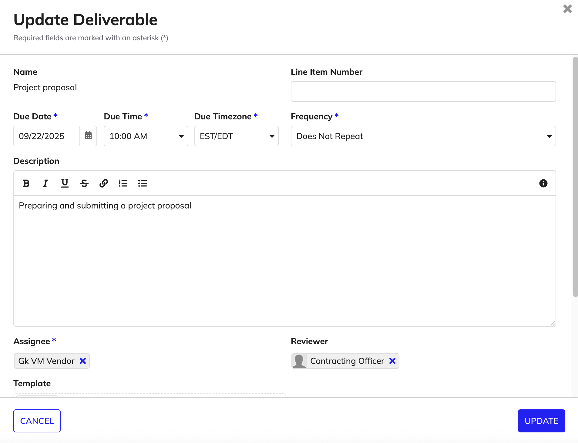 The Update Deliverable dialog showing editable fields for due date, description, assignee, frequency, reviewer, and template.